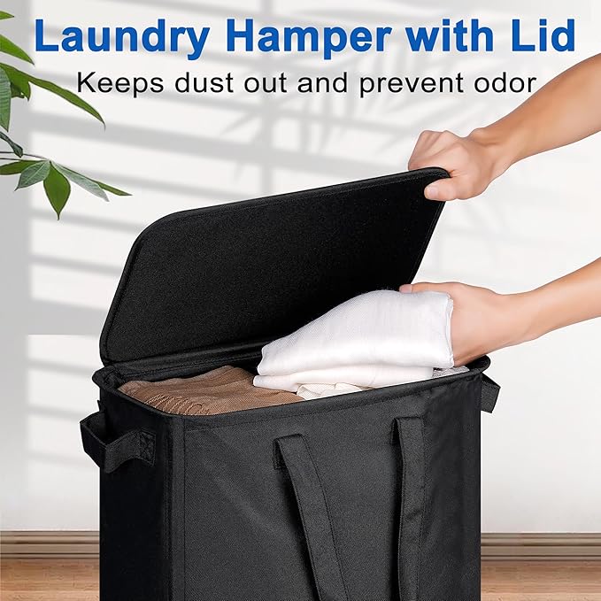 Slim Laundry Hamper with Lid and Wheels, Small Rolling Laundry Basket with