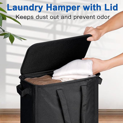 Slim Laundry Hamper with Lid and Wheels, Small Rolling Laundry Basket with