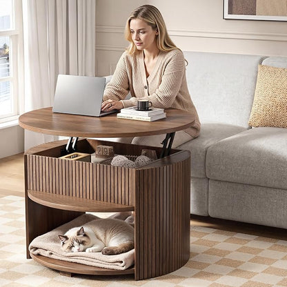 31.5" Round Lift Top Coffee Table with Storage, Fluted Mid-Century Modern Coffee Tables for Living Room, with Hidden Compartment, for Small Spaces & Home Office, Walnut