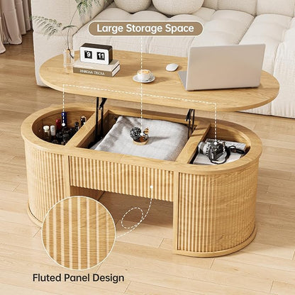 Fluted Lift Top Coffee Table with Storage, Oval Living Room Center Table with Hidden Compartment, Modern Mid-Century Wood Coffee Table for Small Spaces, Home Office, Natural