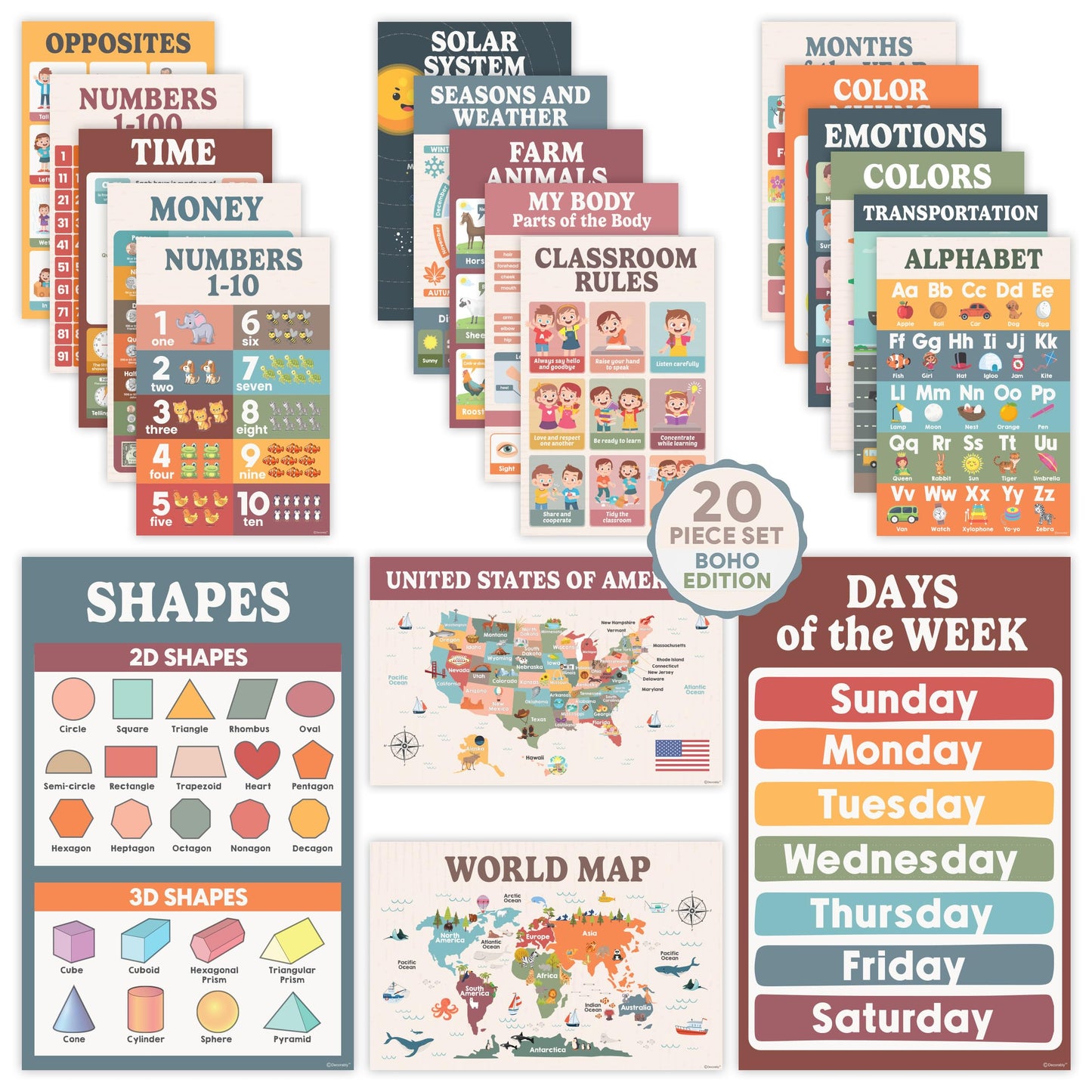 Decorably 20 Boho Learning Posters for Kids Ages 3-5, 11x17in Educational Matte-Laminated for Classrooms, Homeschool, School Hallways, Bulletin Boards