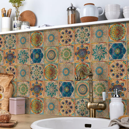 24 Pcs Mandala Style Tile Stickers, Peel and Stick Backsplash Tile Decals for Kitchen Bathroom Wall Furniture (Yellow, 6x6in)