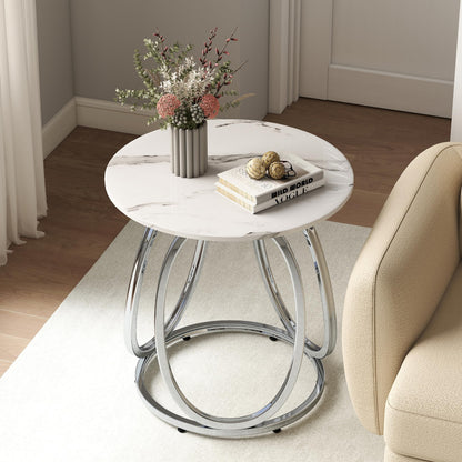 O&K FURNITURE Silver End Table, Round Side Table with Faux Marble Veins, Modern Nightstand for Bedroom, Living Room, Home Office, 1PC