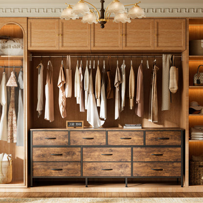 Huuger 63 Inch Dresser for Bedroom, Long Dresser with 10 Fabric Drawers, TV Stand for 55, 65, 70 Inch TV, Toy Storage Organizer for Closet, Rustic Brown