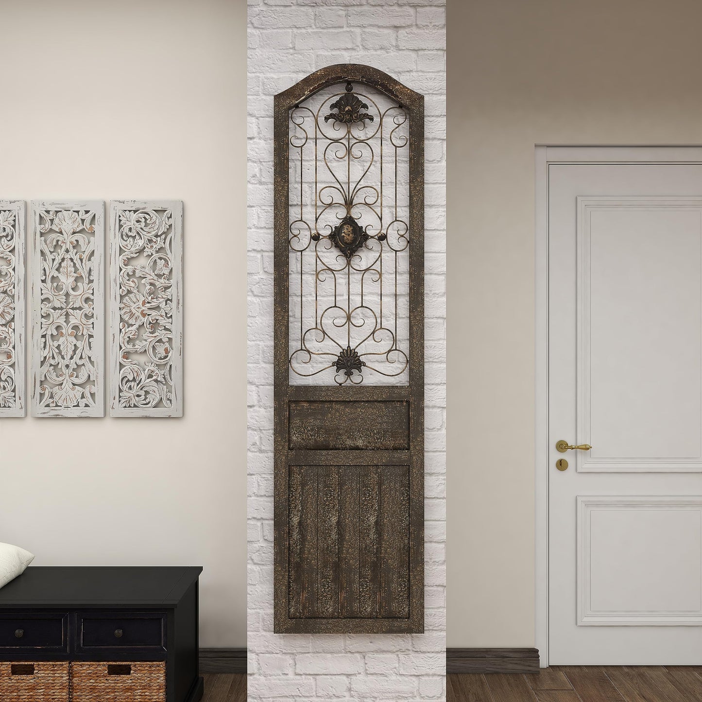Deco 79 Wood Scroll Home Wall Decor Distressed Door Panel Wall Sculpture with Metal Wire Details, Wall Art 19" x 1" x 72", Brown