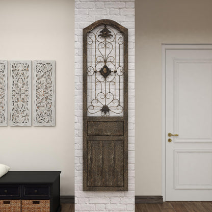 Deco 79 Wood Scroll Home Wall Decor Distressed Door Panel Wall Sculpture with Metal Wire Details, Wall Art 19" x 1" x 72", Brown