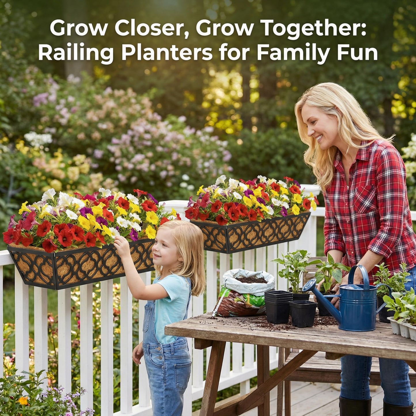 HFHOME 2 Pcs 30" Deck Railing Planter Box with Horse Trough Coco Liners, Black Window Box Metal Hanging Flower Planters Baskets for Indoor, Outdoor, Balcony, Porch, Fence, Patio, and Lawn