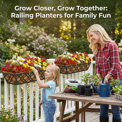 HFHOME 2 Pcs 30" Deck Railing Planter Box with Horse Trough Coco Liners, Black Window Box Metal Hanging Flower Planters Baskets for Indoor, Outdoor, Balcony, Porch, Fence, Patio, and Lawn