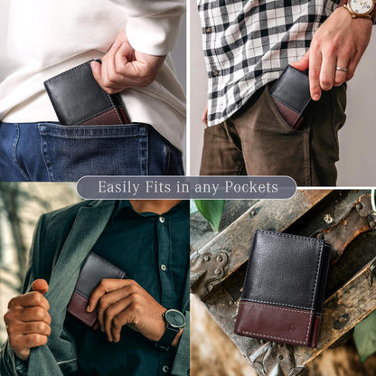 LUXEORIA Leather Wallet for Men, Handcrafted Travel Wallet, Minimalist Mens Slim Trifold Wallet, Anti-Theft RFID Blocking Wallet for Men's, Tri-fold - Black&Brown