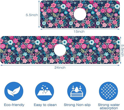 Modern Blue and Pink Floral Sink Faucet Absorbing Mat Sink Splash Guard Faucet