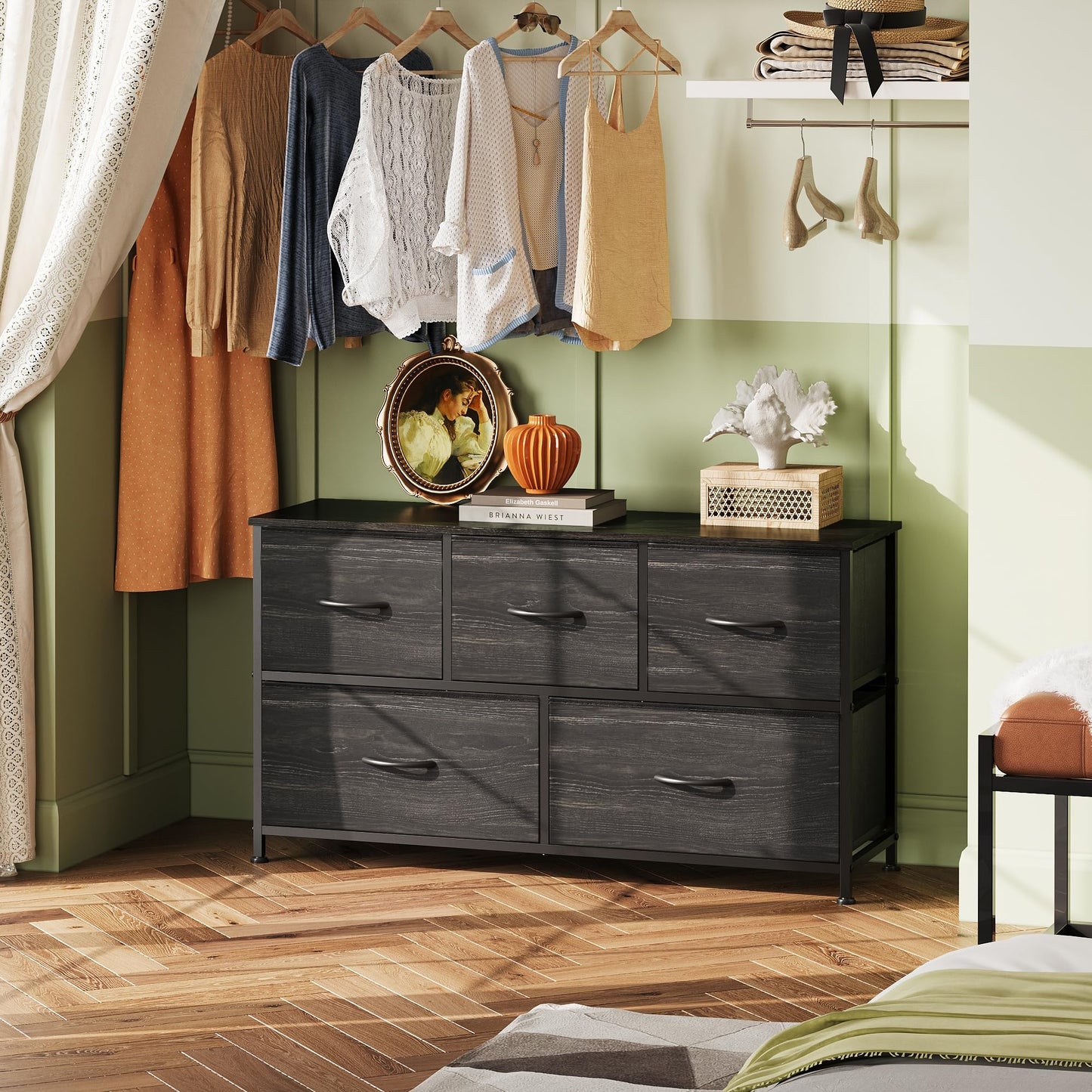 WLIVE Dresser for Bedroom with 5 Drawers, Wide Chest of Drawers, Fabric Dresser, Storage Organizer Unit with Fabric Bins for Closet, Living Room, Hallway, Charcoal Black Wood Grain Print