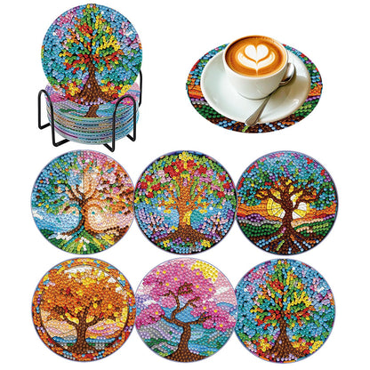 PERFECTSIGHT 6 Pcs DIY Diamond Art Painting Coasters with Holder, Cute Diamond Paint Coaster Kits for Adults, Kawaii Full Drill Diamond Art Craft, Paint by Number Non Slip Coaster - Multicolor Tree