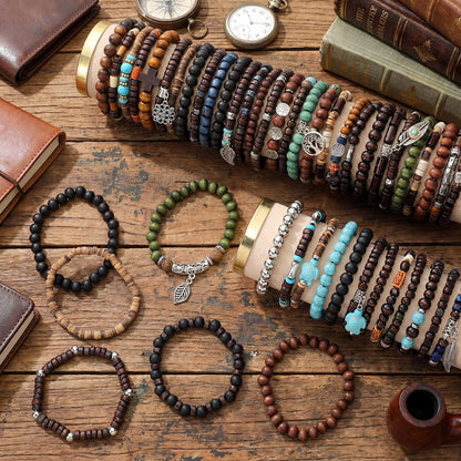 Tondiamo 48 Pcs Punk Wooden Beads Bracelets Gothic Bracelet for Men Adjustable Bulk Vintage Beaded Bracelet Metal Set Wood Bangles Wristbands Commemorative Gift