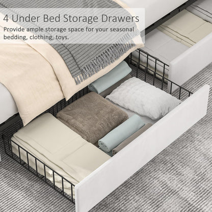 VECELO Queen Size Upholstered Platform Bed Frame with 4 Storage Drawers, Adjustable Velvet Rivets Headboard, Wooden Slats Support, No Box Spring Needed, Easy Assembly