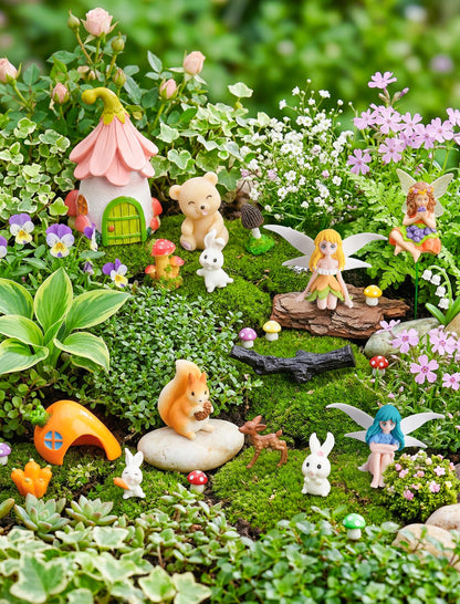 NiToy 50-Piece Mini Fairy Garden Accessories Kit, Resin Fairy House (3.1" H) with 49 Miniature Figurines - Animals, Mushrooms and Fairies for DIY Terrarium, Planter, Flower Pot and Desktop Decor
