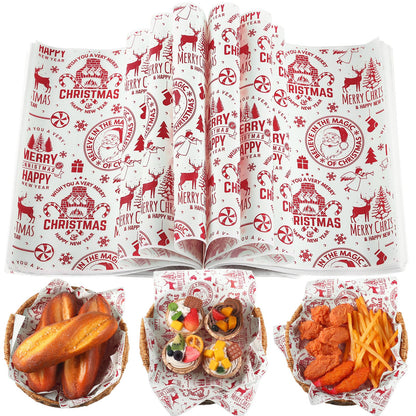 Tenceur 150 Pcs Christmas Wax Paper Sheets Parchment Deli Wraps Tissue Paper Baking Cookies Sandwich Decorative Wax Sheets Food Basket Liner Greaseproof Supplies(Red Reindeer)