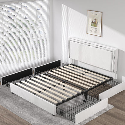 VECELO Queen Size Upholstered Platform Bed Frame with 4 Storage Drawers, Adjustable Velvet Rivets Headboard, Wooden Slats Support, No Box Spring Needed, Easy Assembly