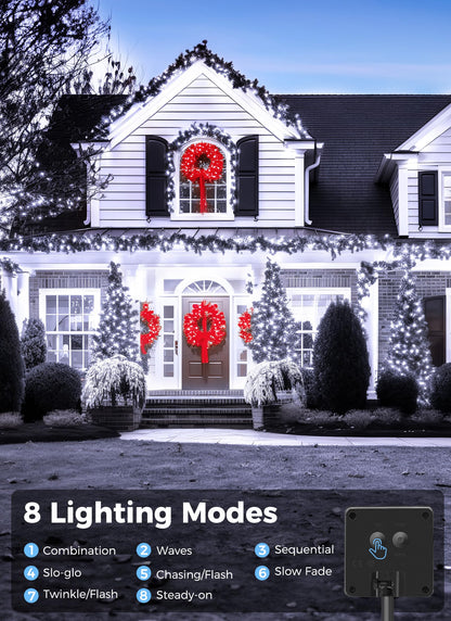 Minetom Solar String Lights, 160FT 400 LED, 8 Modes, Waterproof, Outdoor Christmas Lights, White, 4 Pack