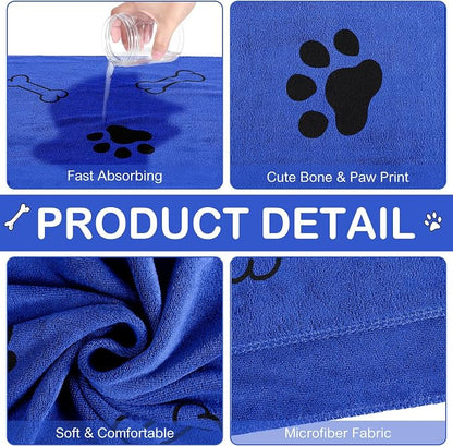 Chumia 8 Pcs Dog Towels for Drying Dogs Cats Pet Towels Bulk Puppy Microfiber Fast Drying Paw Bath Bathing Supplies Absorbent for Medium Pets(40 x 24 Inch,Dog Paw and Bone,Dark Blue)