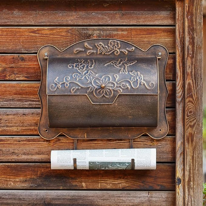 Wall Mount Mailbox with Newspaper Holder, Metal Wall Mailboxes for Outside, Vintage Decorative Front Porch Mail Box Wall Mounted, Horizontal Outdoor Mailbox with Hummingbird Accent, 17" x 5" x 17"