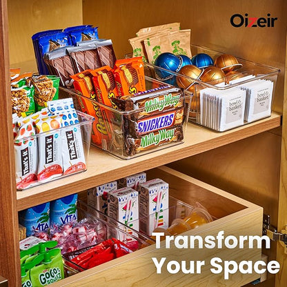 Oizeir Clear Pantry Organizer Bins 16-Pack - Fridge Organizer with 3 Removable Dividers, Ideal for Kitchen, Pantry, Refrigerator, Freezer, and Snack Storage
