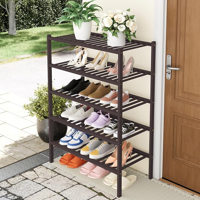 Smiry Bamboo Shoe Rack, 5 Tier Free Standing Wooden Shoe Organizer, Stackable Wood Shoe Storage Shelf for Closet, Entryway, 14 Vertical Slats, 2+2+1 Stack Heavy-Duty Legs, 26.8"x11"x32.5", Brown