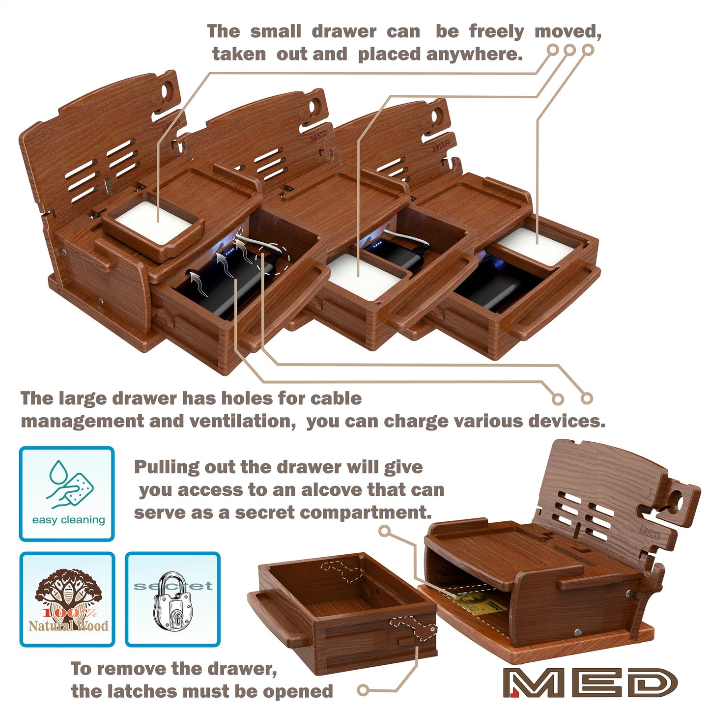 MED Wood Phone Docking Station for Men with Drawer — Nightstand & Desk Organizer for Husband & Dad — Key Holder, Wallet Stand, Watch Holder (Dark Walnut)