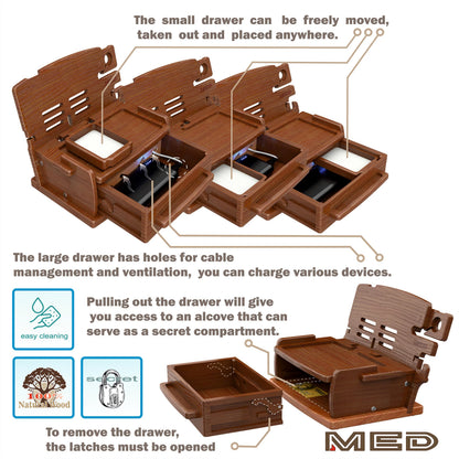 MED Wood Phone Docking Station for Men with Drawer — Nightstand & Desk Organizer for Husband & Dad — Key Holder, Wallet Stand, Watch Holder (Dark Walnut)