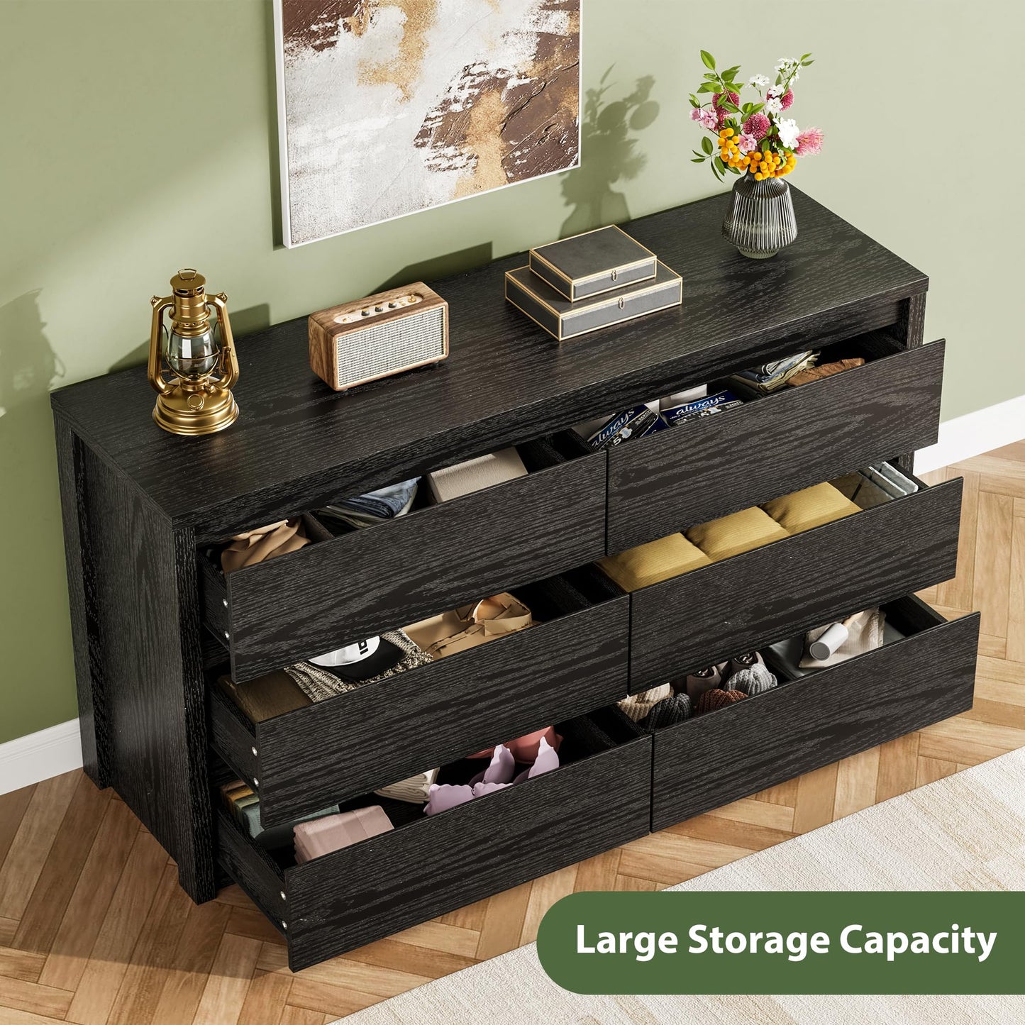GarveeHome 6 Drawer Dresser for Bedroom, Wide Wood Chest of Drawers Handle Free, Large Modern Dresser Storage Cabinet for Living Room, Hallway Entryway