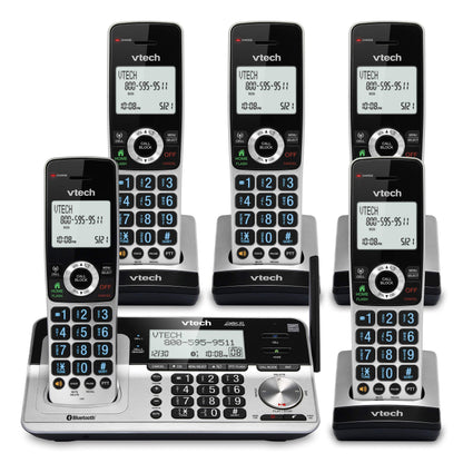VTech VS113-5 Extended Range 5 Handset Cordless Phone for Home with Call Blocking, Connect to Cell Bluetooth, 2" Backlit Screen, Big Buttons, and Answering System, Silver & Black