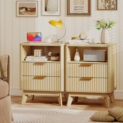 Turosur Night Stand with Charging Station, Fluted Nightstand with 2 Drawers, Wood Bedside Table with Open Storage, Modern Nightstands for Bedroom, Natural