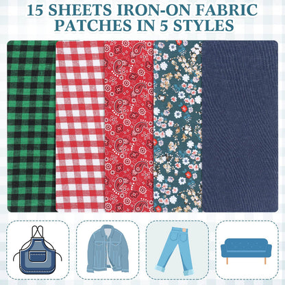 Syhood 15 Sheets Iron-on Patches Mending Fabric 4.92 x 11 Inch Iron on Clothes Patches on Repair Kit for Mending Fix Couch Pants Pockets Holes Knees Elbow(Cute)