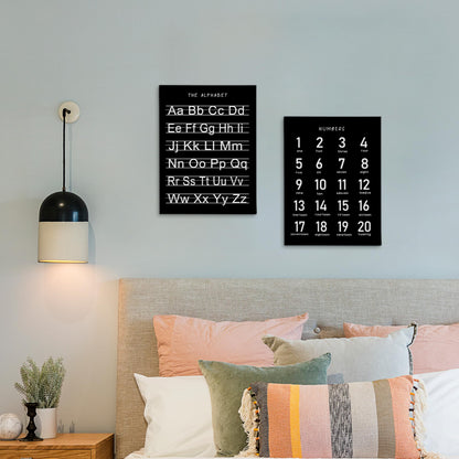 HRQKO Black Alphabet Numbers Nursery Canvas Wall Art Set of 2, Kids Room Decor Framed Art, Black ABC Numbers Educational Posters Wall Decor for Classroom Toddler Nursery Bedroom Playroom, 11x14 inch