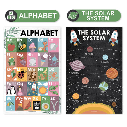 4 Alphabet, Map of United States, World Map, & Solar System Posters - Laminated ABC Charts for Toddlers Wall Decor, Farmhouse Posters for Kindergarten, Prek Classroom or Homeschool 11x17
