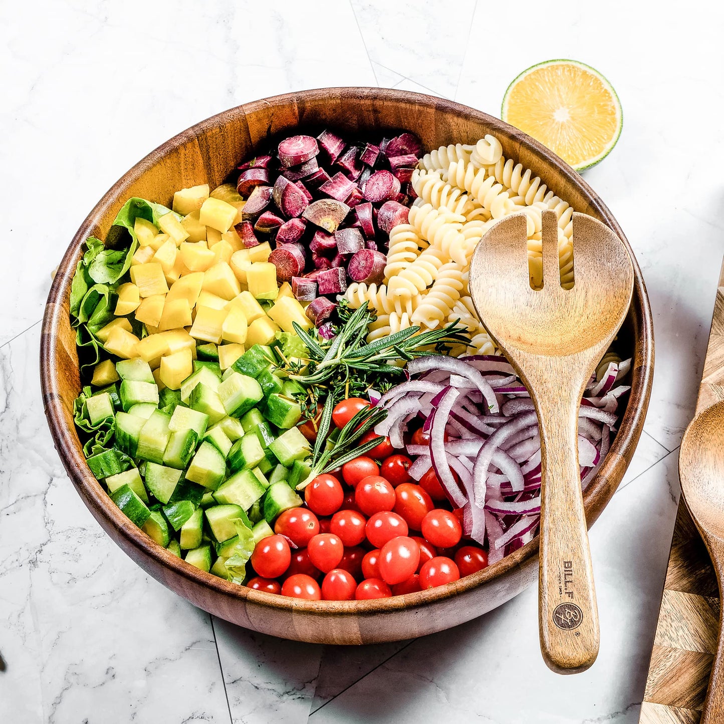 BILL.F Wooden Serving Bowl,12" Acacia Wood Large Salad Bowl Set with Salad Spoon and Fork for Fruits, Salads, Pasta