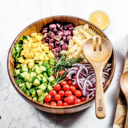 BILL.F Wooden Serving Bowl,12" Acacia Wood Large Salad Bowl Set with Salad Spoon and Fork for Fruits, Salads, Pasta