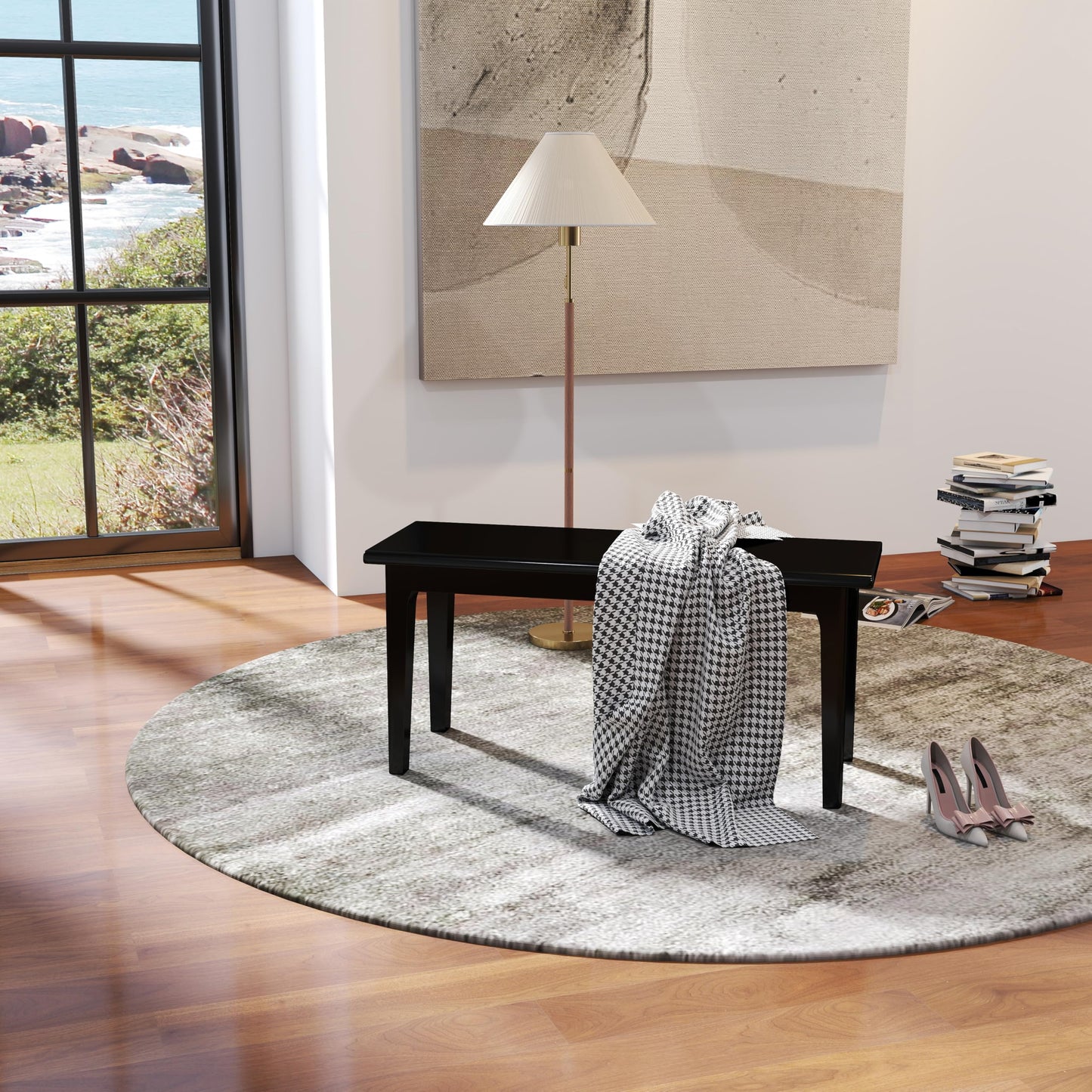 Wilk Wooden Entryway Bench, 39’’ Indoor End of Bed Bench, 100% Solid Oak Wood (Black)