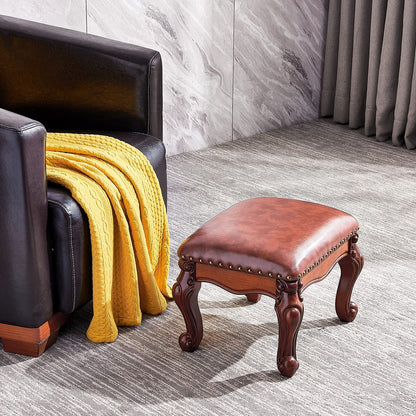 LKZ Foot Stool Microfiber Leather Ottoman Wooden Shoe Stool Small Sofa Stool Footrest Stool for Living Room Bedroom (Red-Brown)