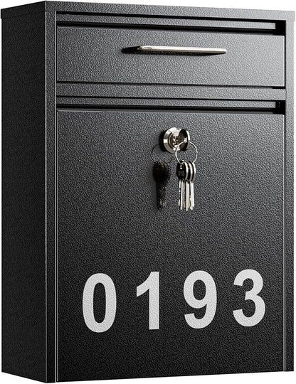 LAND·VOI Large Capacity Mailbox for Outside, Heavy Duty Rustproof, Locking Mailbox, 4 Replaceable Keys, Weatherproof Wall Mounted Mailbox for Residential & Apartment, 15.4"×11.8"×4.7", Black, Large