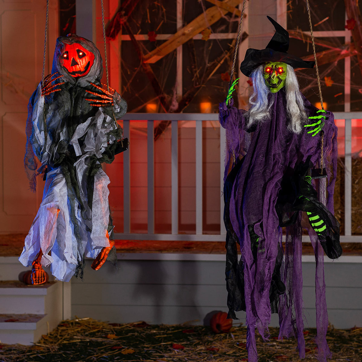 JOYIN 2 Pcs Halloween Hanging Swinging Ghosts Decorations Outdoor, Witch and Pumpkin Face with Lighted Up Eyes, Outside for Yard Patio Lawn Garden Party