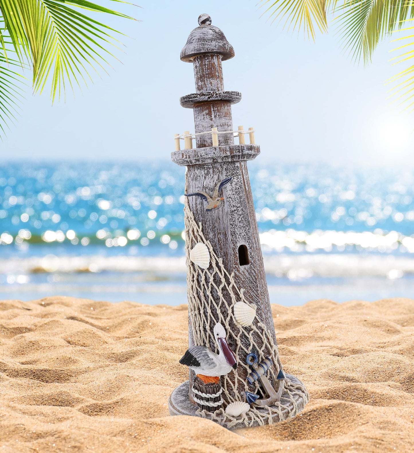 Puzzled COTA Global Brown Wooden Lighthouse Decor - Handmade and Crafted Wooden Lighthouse Decoration with Pelican and Fishing Net, Tabletop Home Decor - 15.75 Inches