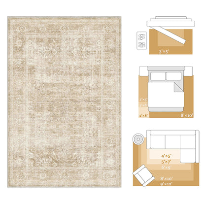 Beauoop 2x6 Hallway Runner Rug Beige Washable Vintage Distressed Neutral Retro Carpet Non Slip Soft Cream Low Pile Indoor Rug for Entryway Kitchen Bedroom Bathroom Laundry Bedside Entrance Living Room