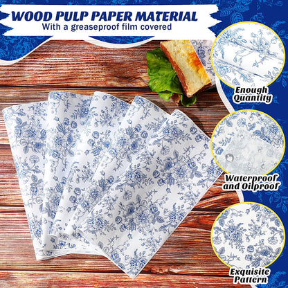 Marspark 100 Sheets Blue Floral Wax Paper for Food Wrapping 11.4 x 11 Inches Spring Floral Food Basket Parchment Paper for Picnic Wedding Candy Cookies Baking Sandwich Burgers Greaseproof Wrapping