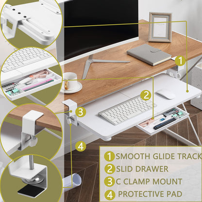 ETHU Keyboard Tray Under Desk, 19.7' X 11.81" Small Size Keyboard Drawer with C Clamp-on Mount Easy to Install, Computer Keyboard Stand Slide Pull Out, Ergonomic Keyboard Tray for Home, Office