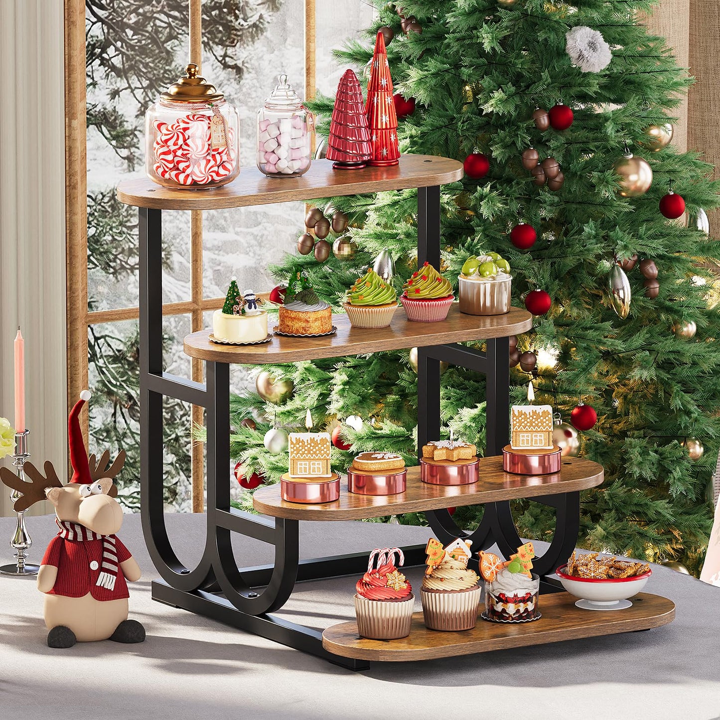 Trironsun Rustic Stepped Cupcake Stand for 50 Cupcakes 4-Tier Wooden Display Stand with Metal Frame Dessert Table Riser Shelf for Part, Bakery Farmers Market or Home Decor