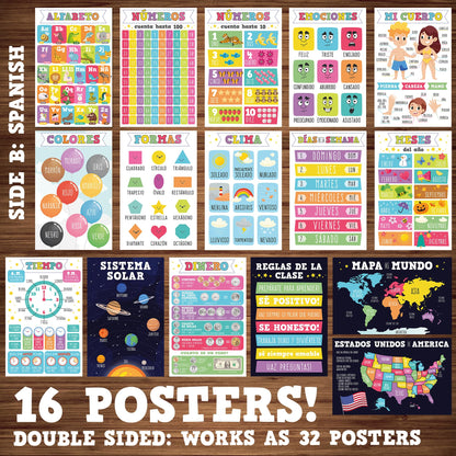 16 Laminated Educational Writing Posters for Kids (English & Spanish) - Double-Sided Learning Charts, 32 Total Designs, Classroom & Homeschool Supplies