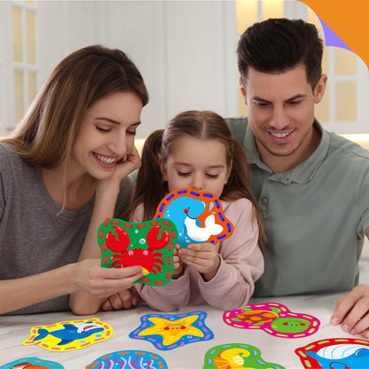 9 Pieces Kids Lacing Cards, Double Sided Sewing Cards in 9 Marine Animal Cards with 9 Colorful Laces, Imagination Development Lacing Toys Games for Children Educational and Learning Activity