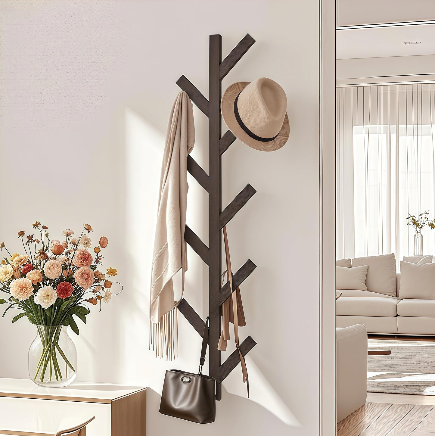 Prywot Coat Rack Wall Mounted - 9 Hooks, Coat Hooks for wall, Modern Metal Coat Tree for Hats, Jackets, Bags, Entryway Bedroom-Black (Height 37.8")