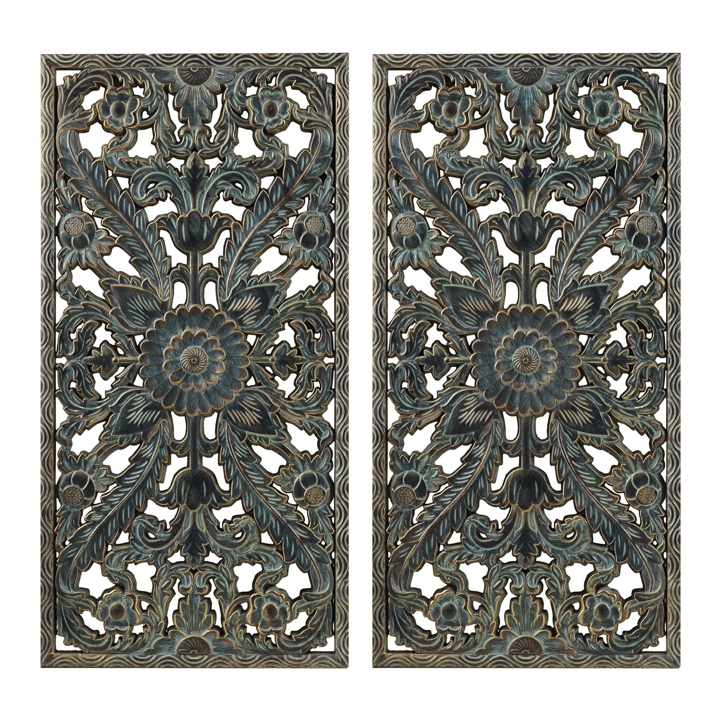 Madison Park Carved Wood Wall Art 2 Piece, Floral Wooden Carving Wall Decor, Blue Wall Art Living Room Bedroom, Copper Embellished Boho, Ready to Hang, 15.75"W x 31.5"L, Patina Blue