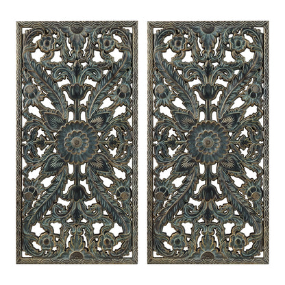 Madison Park Carved Wood Wall Art 2 Piece, Floral Wooden Carving Wall Decor, Blue Wall Art Living Room Bedroom, Copper Embellished Boho, Ready to Hang, 15.75"W x 31.5"L, Patina Blue